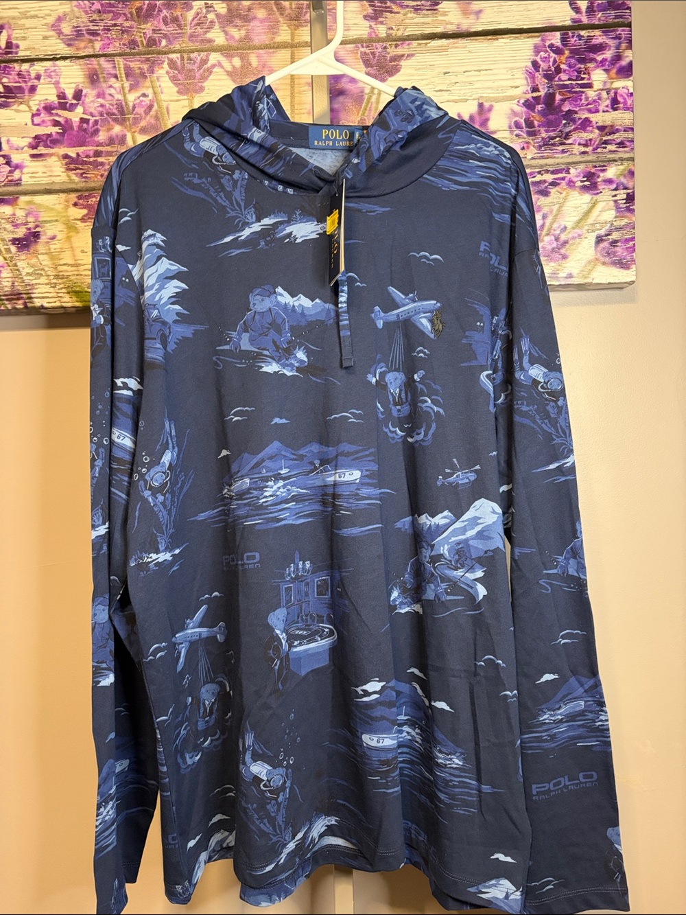 Polo Ralph Lauren Navy Blue Bear Graphic Hooded Tee Shirt Long Sleeve Size XL